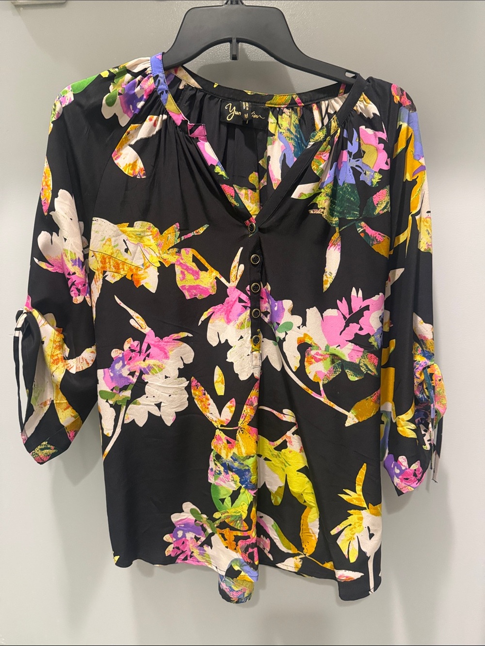 Yumi Kim Black Floral Button-Front Blouse with Bright Multicolor Print